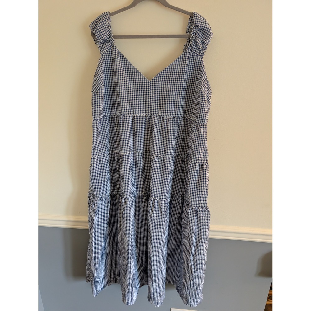 Old Navy Blue White Gingham Tiered Midi Dress XXL Ruffle Strap Smocked Back Tie